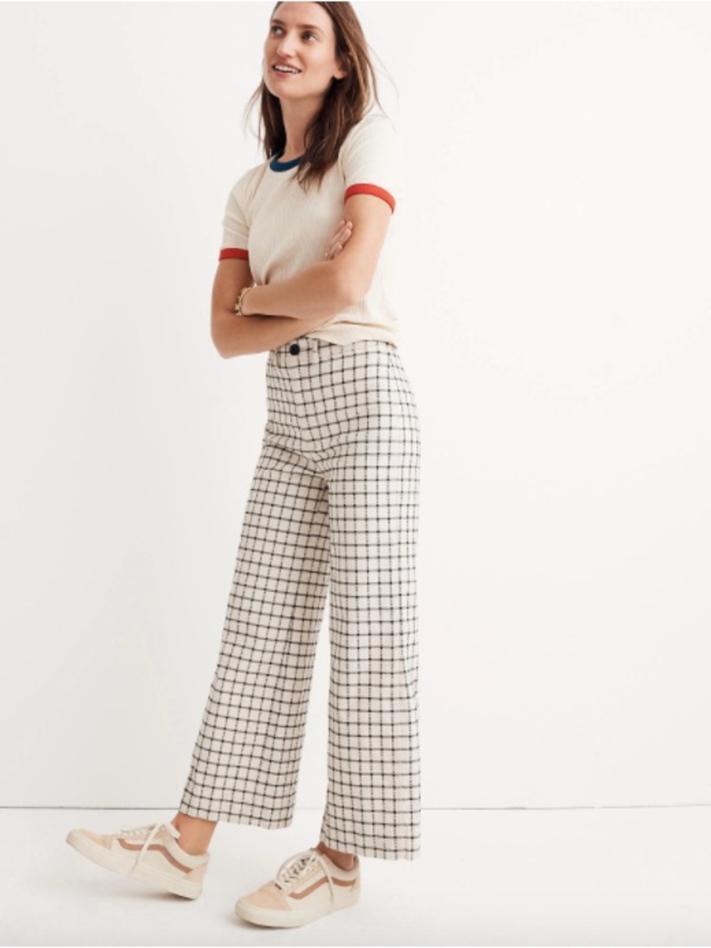 Madewell High-Rise Wide Leg Windowpane Pants - Cream/Black 27